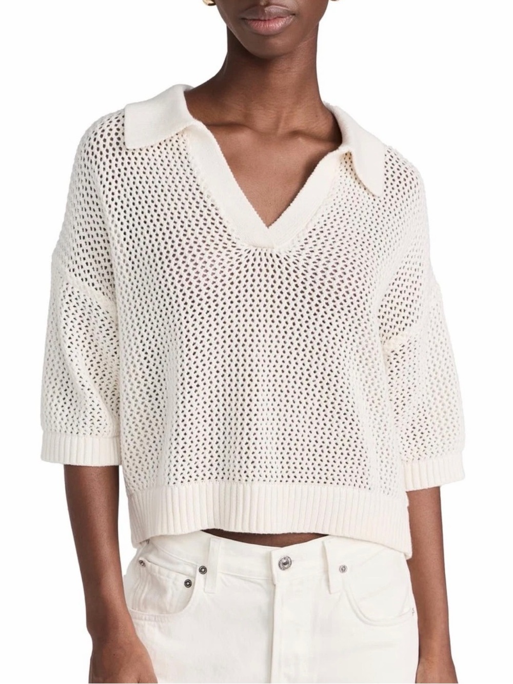 Velvet Womens York Pullover, Off White, size M  Open-Knit Collar V-Neck top